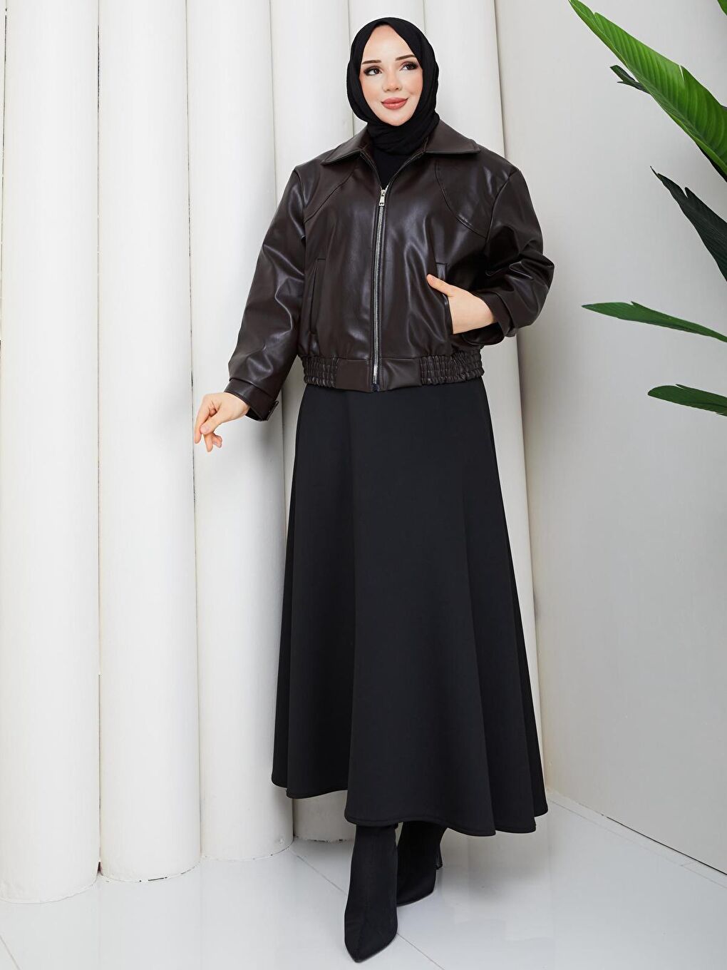 Kahverengi Kadın Trend Premium Mevsimlik Bomber Kahve Deri Ceket-2