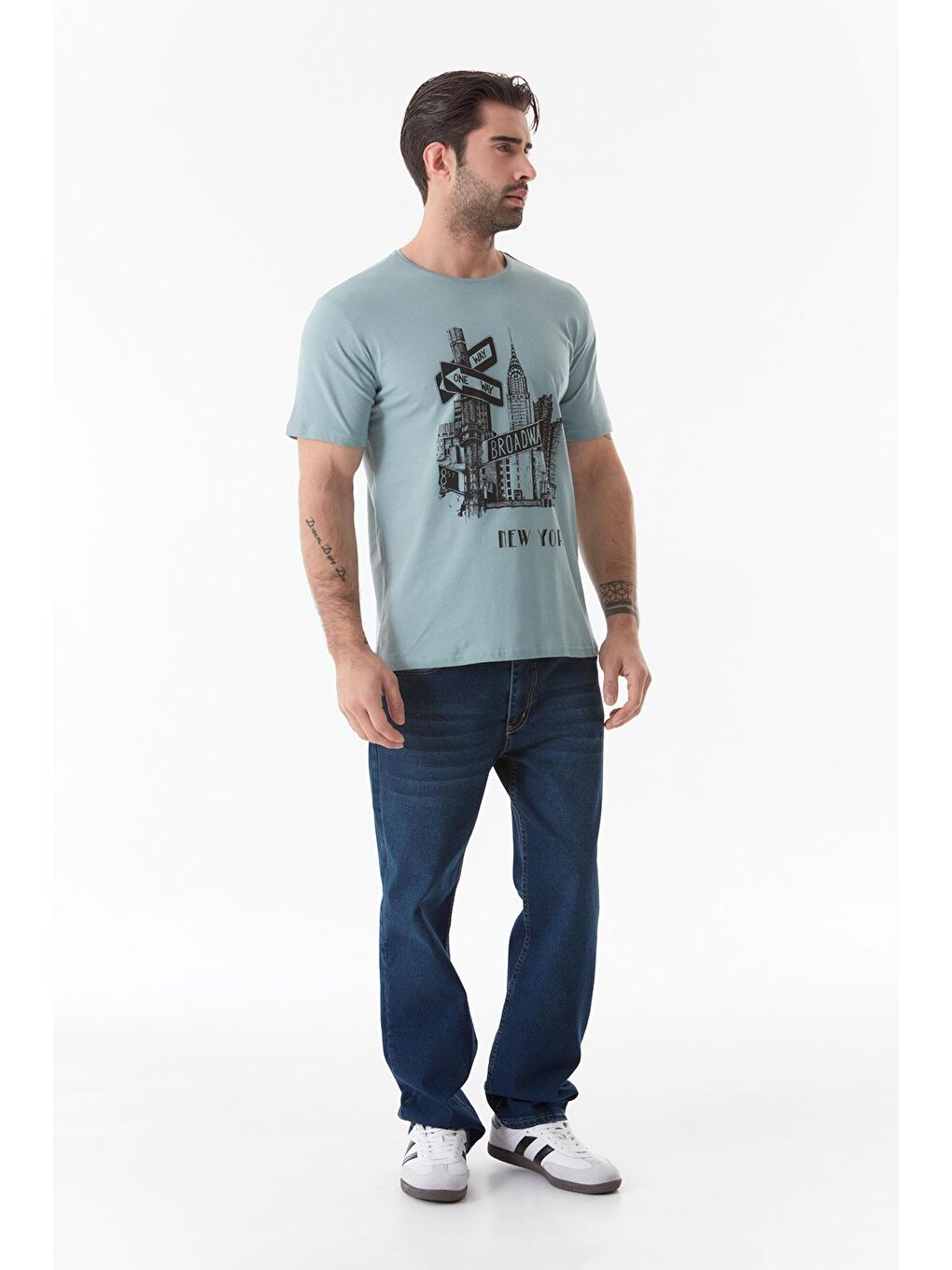 Turkuaz Baskılı Bisiklet Yaka Tişört-1