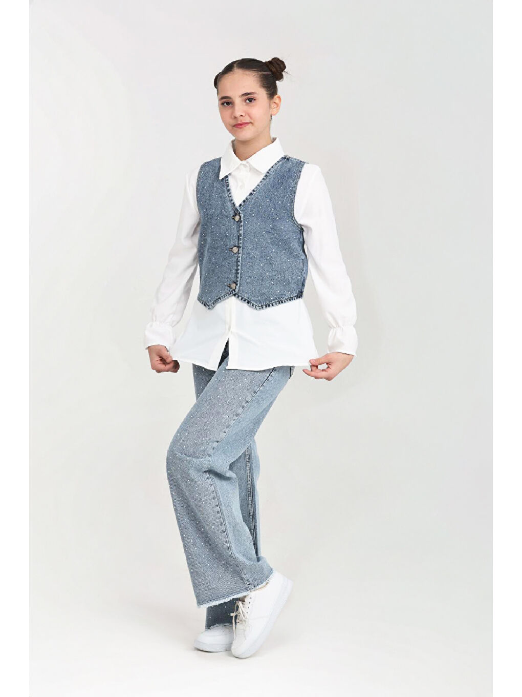 Mavi Kız Çocuk Taş Süslemeli 3'lü Jean Takım 5-15 Yaş 12495-3