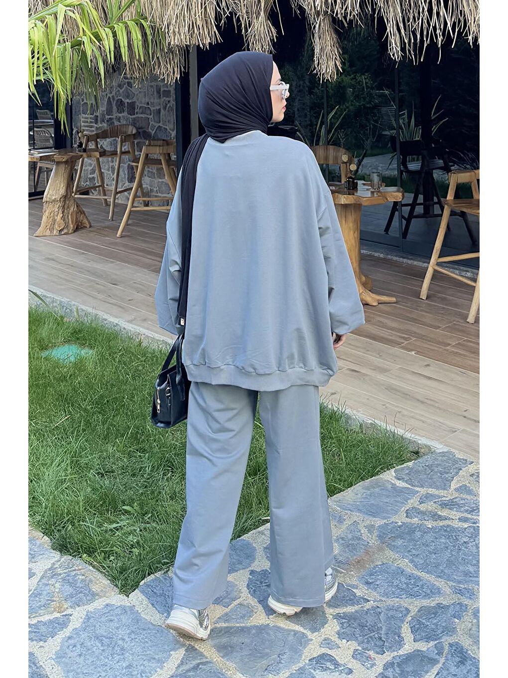 Kapüşonlu Pantolonlu İkili Tesettür Takım Gri-3