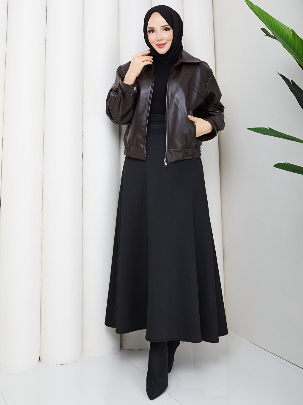 Kahverengi Kadın Trend Premium Mevsimlik Bomber Kahve Deri Ceket-3