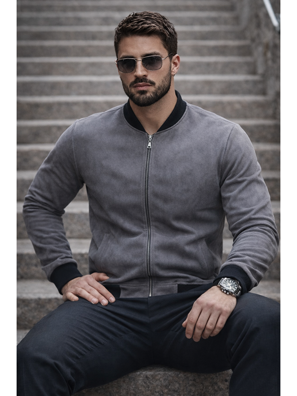 Gri Erkek Basic Dar Kalıp Füme Nubuk Ceket-3