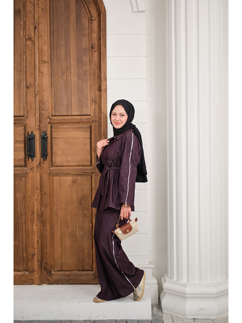 Kadın Kol Fermuar Detaylı Bel Bağlamalı Tek Düğmeli Takım Mürdüm-1