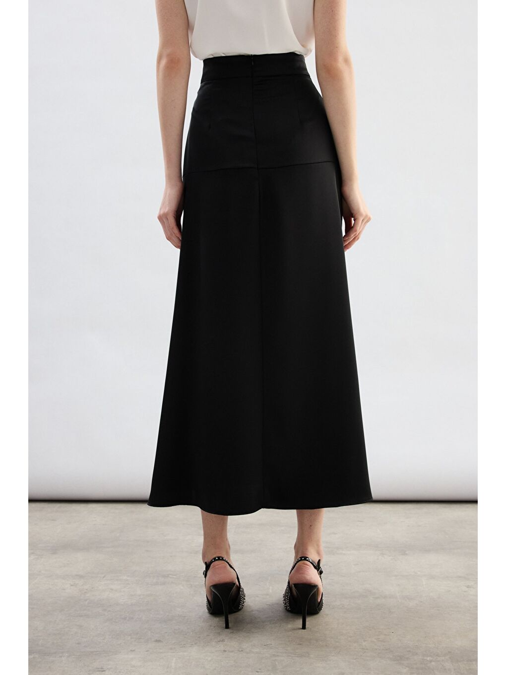 Yüksek Bel Saten Etek - Siyah-7