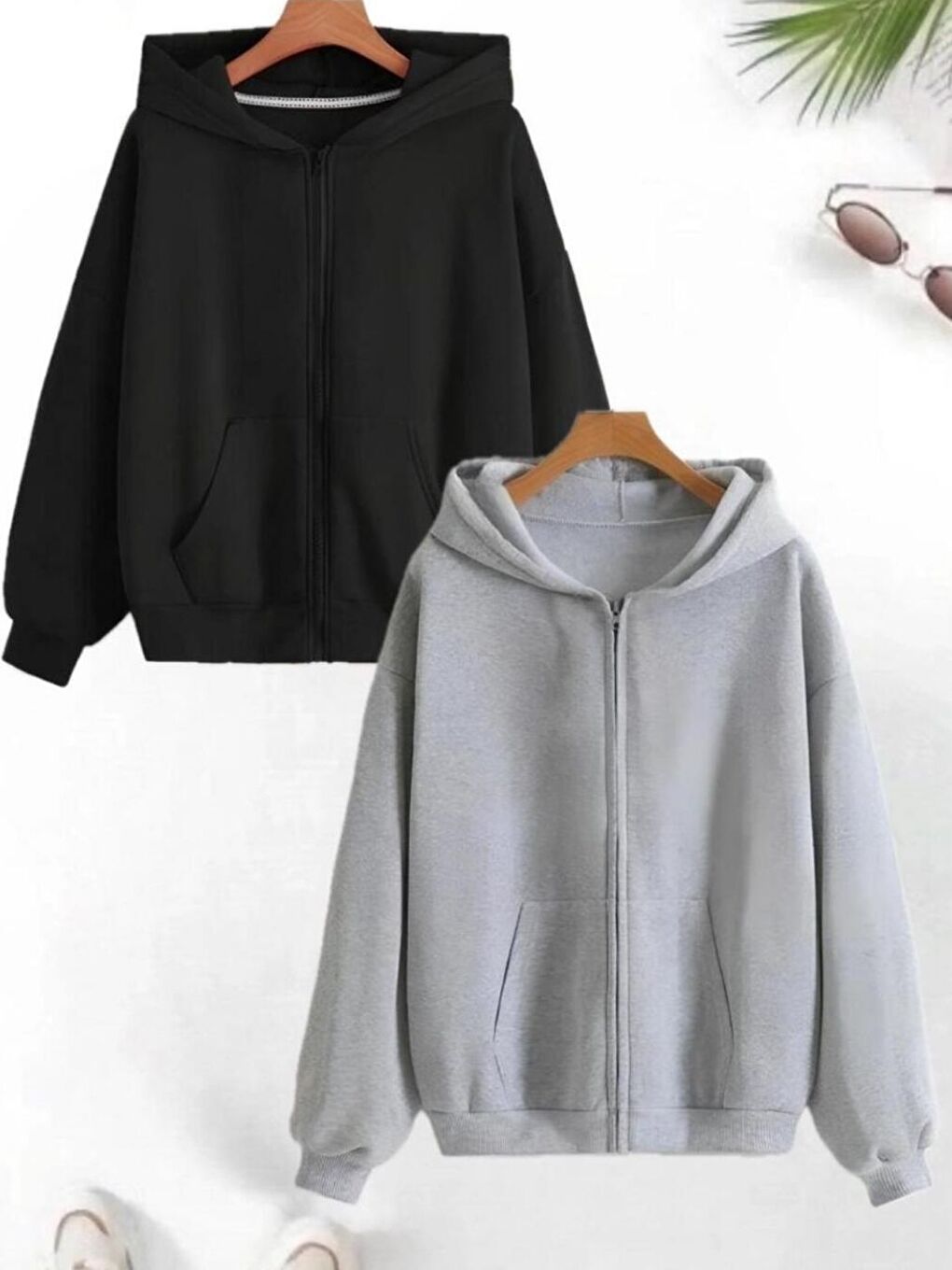 2Li Siyah+Gri Fermuarlı Hırka Sweatshirt Orta Kalınlıkta