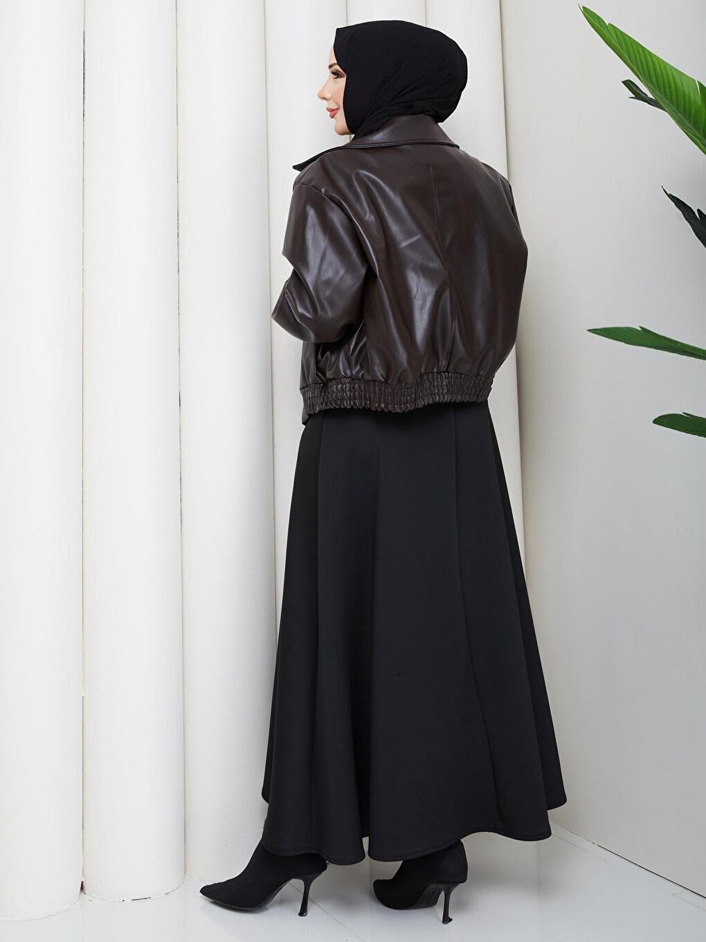 Kahverengi Kadın Trend Premium Mevsimlik Bomber Kahve Deri Ceket-5