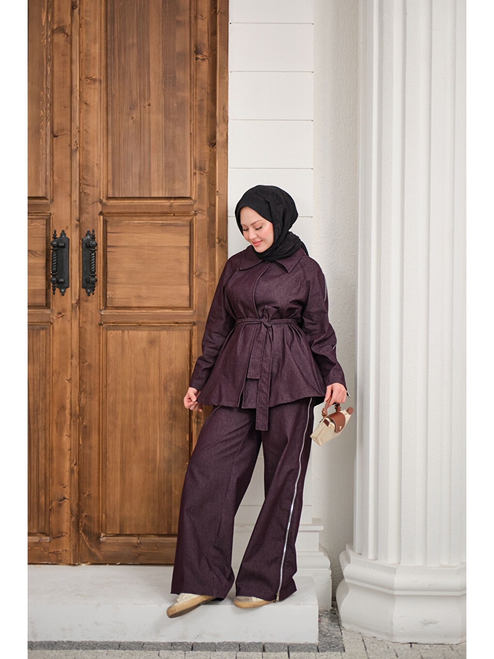 Kadın Kol Fermuar Detaylı Bel Bağlamalı Tek Düğmeli Takım Mürdüm-2