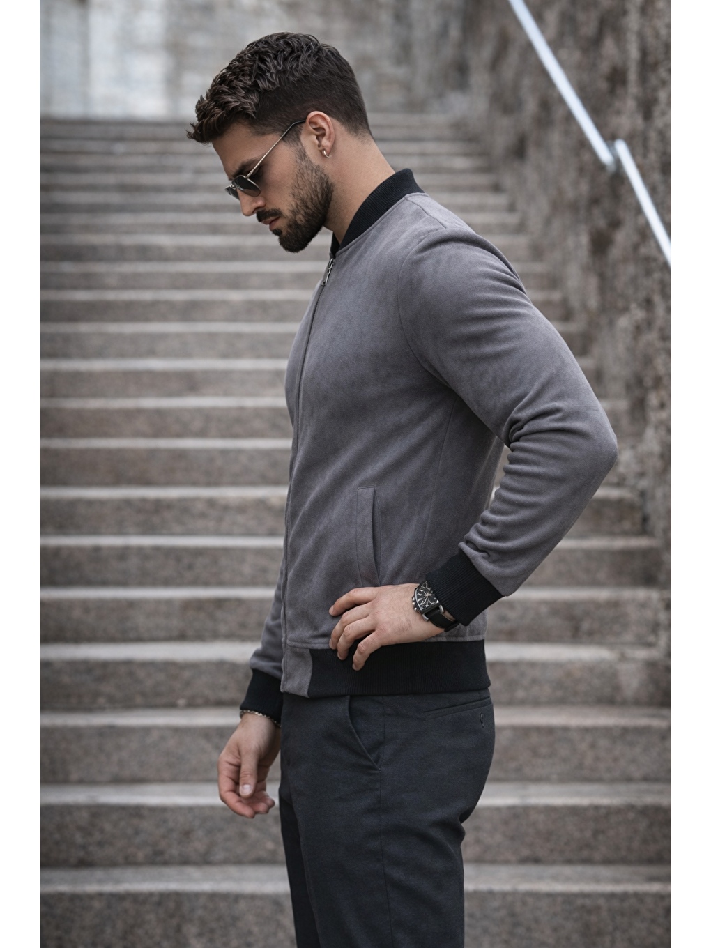 Gri Erkek Basic Dar Kalıp Füme Nubuk Ceket-4