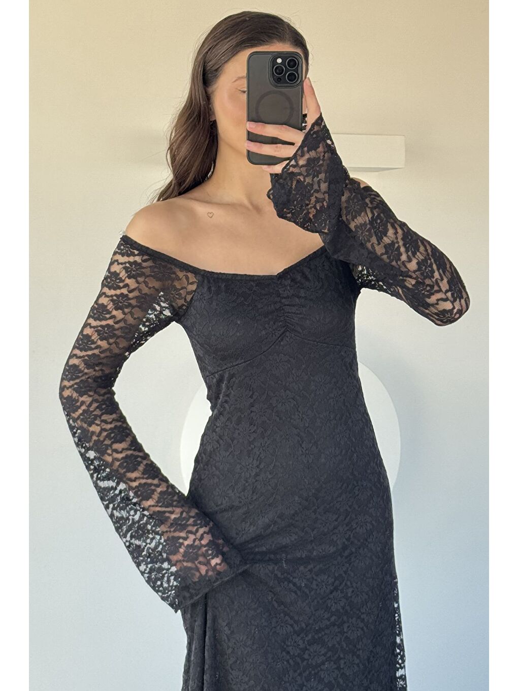 Siyah Dantel Detaylı İspanyol Kol Uzun Elbise-4