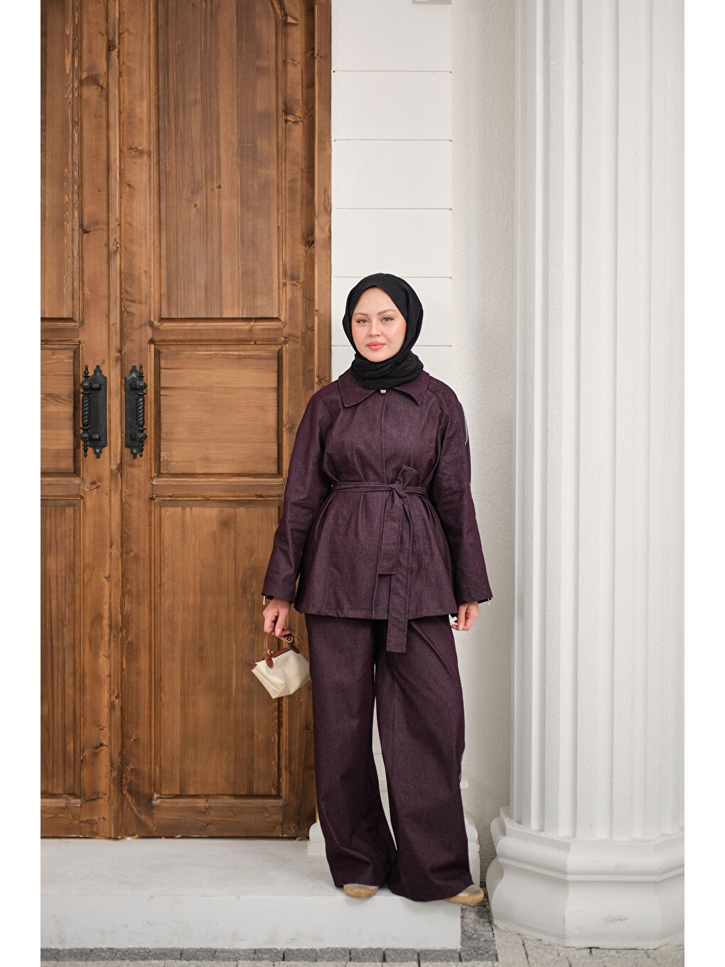 Kadın Kol Fermuar Detaylı Bel Bağlamalı Tek Düğmeli Takım Mürdüm-3