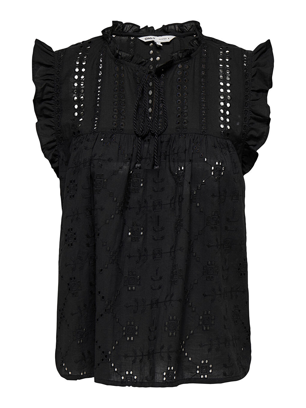 Siyah Onlreva Ajurlu % 100 Pamuk Regular Fit Bağlamalı Yaka Kadın Bluz 15218460-5