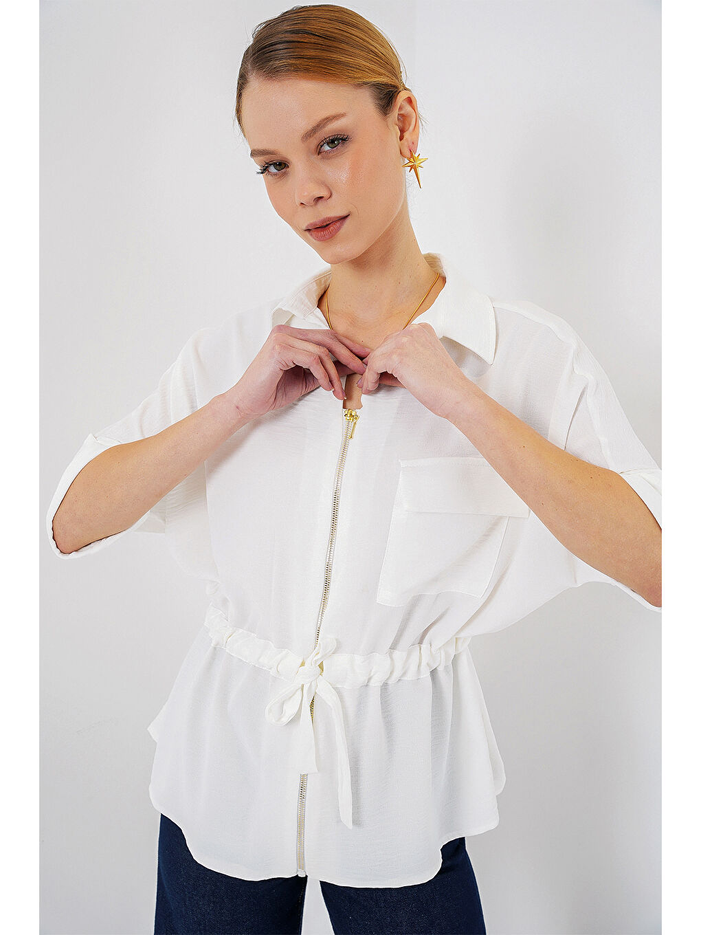 Fermuarlı Kadın Gömlek 0721 - Beyaz-2