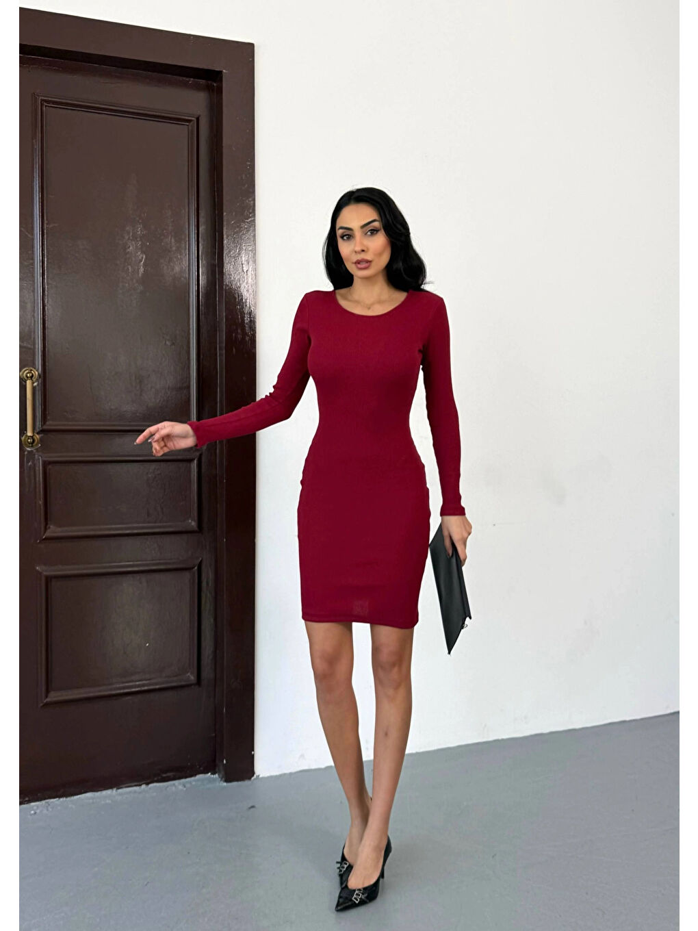 Kadın Bordo Uzun Kollu İp Bağlamalı Sırt Dekolteli Kaşkorse Mini Elbise HZL25W-FRY120411-1