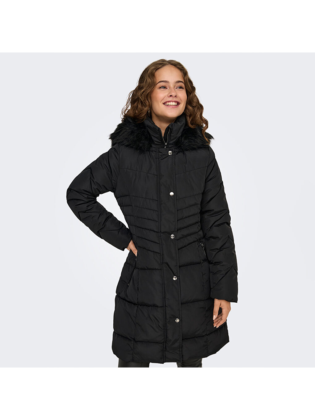 Only Nora Puffer Coat Kadın Siyah Kapüşonlu Mont - 2