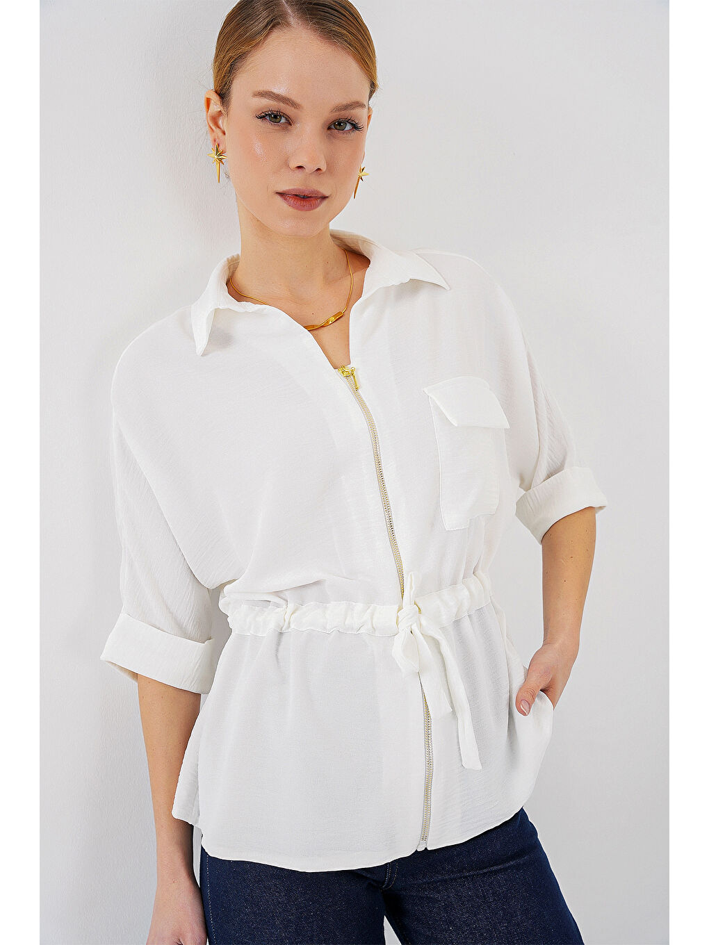 Fermuarlı Kadın Gömlek 0721 - Beyaz-3