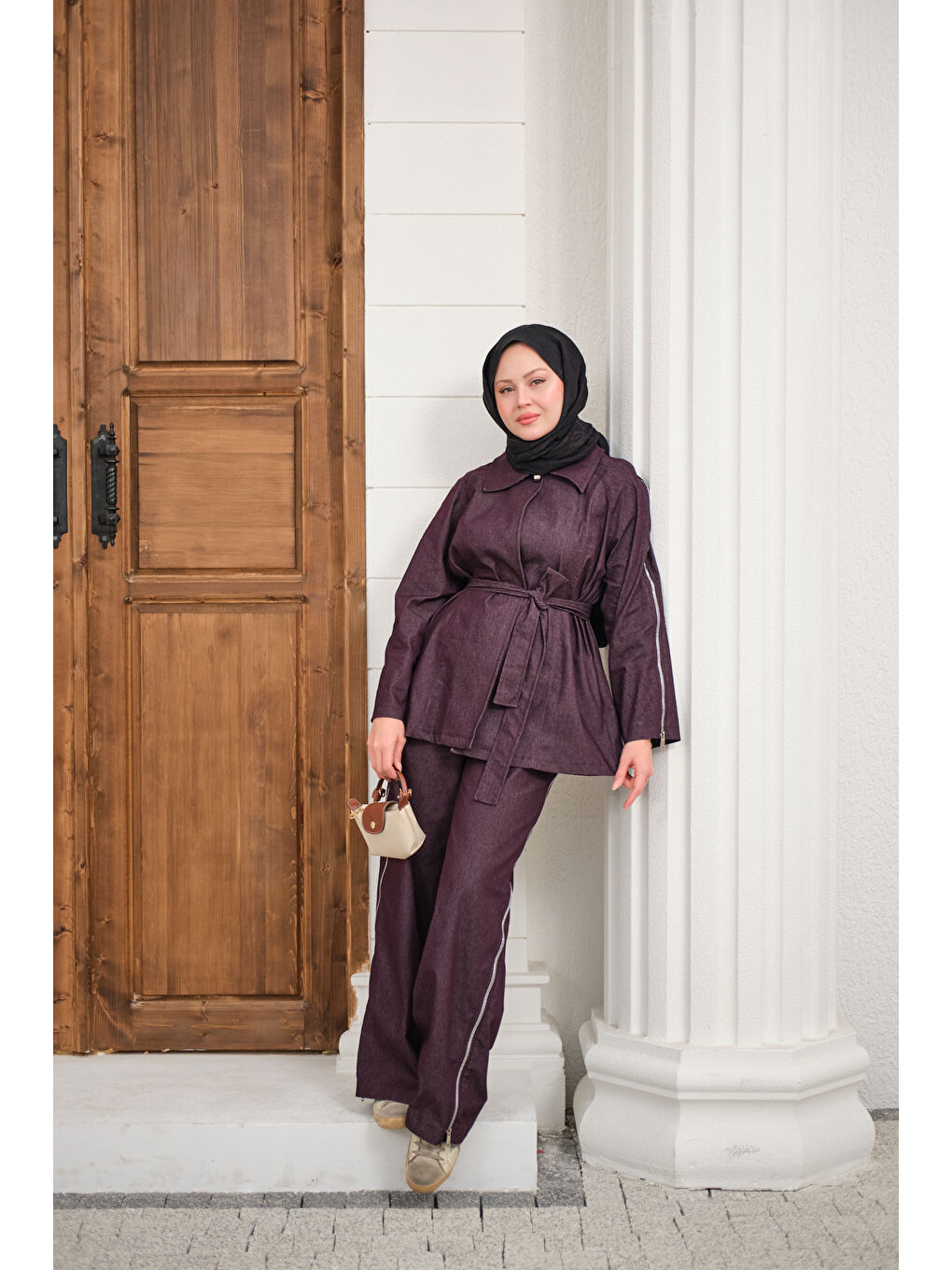 Kadın Kol Fermuar Detaylı Bel Bağlamalı Tek Düğmeli Takım Mürdüm-4