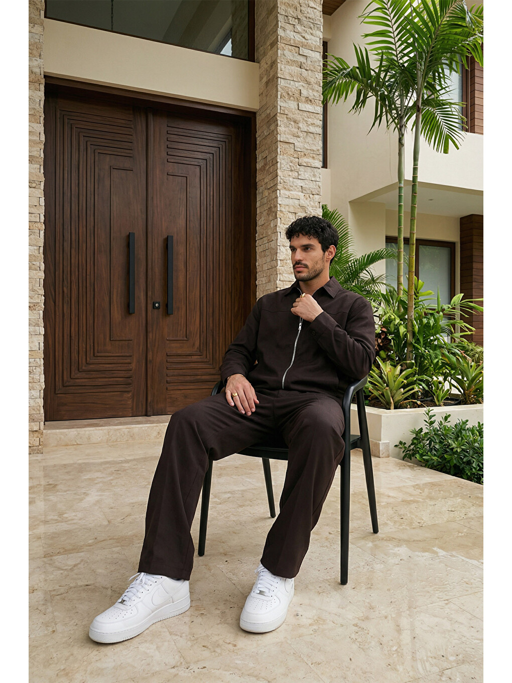 Kahverengi Artigas Premium Fermuarlı Düz Basic Ceket Pantolon Erkek Takım Relax Kalıp-4