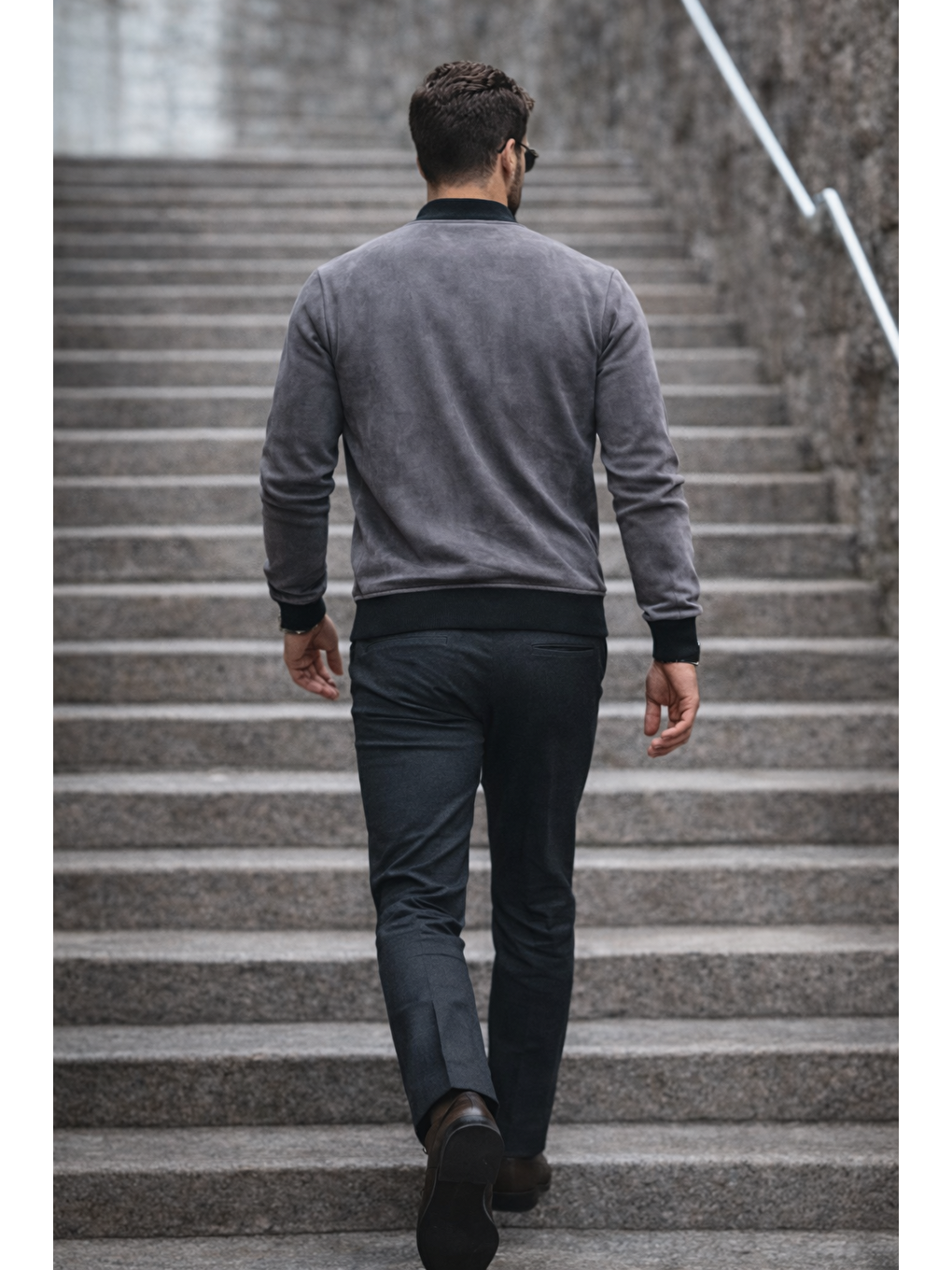 Gri Erkek Basic Dar Kalıp Füme Nubuk Ceket-5