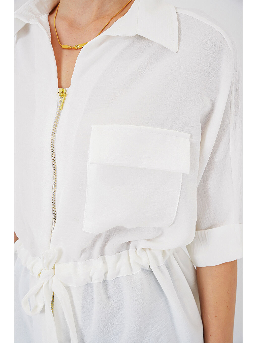 Fermuarlı Kadın Gömlek 0721 - Beyaz-4