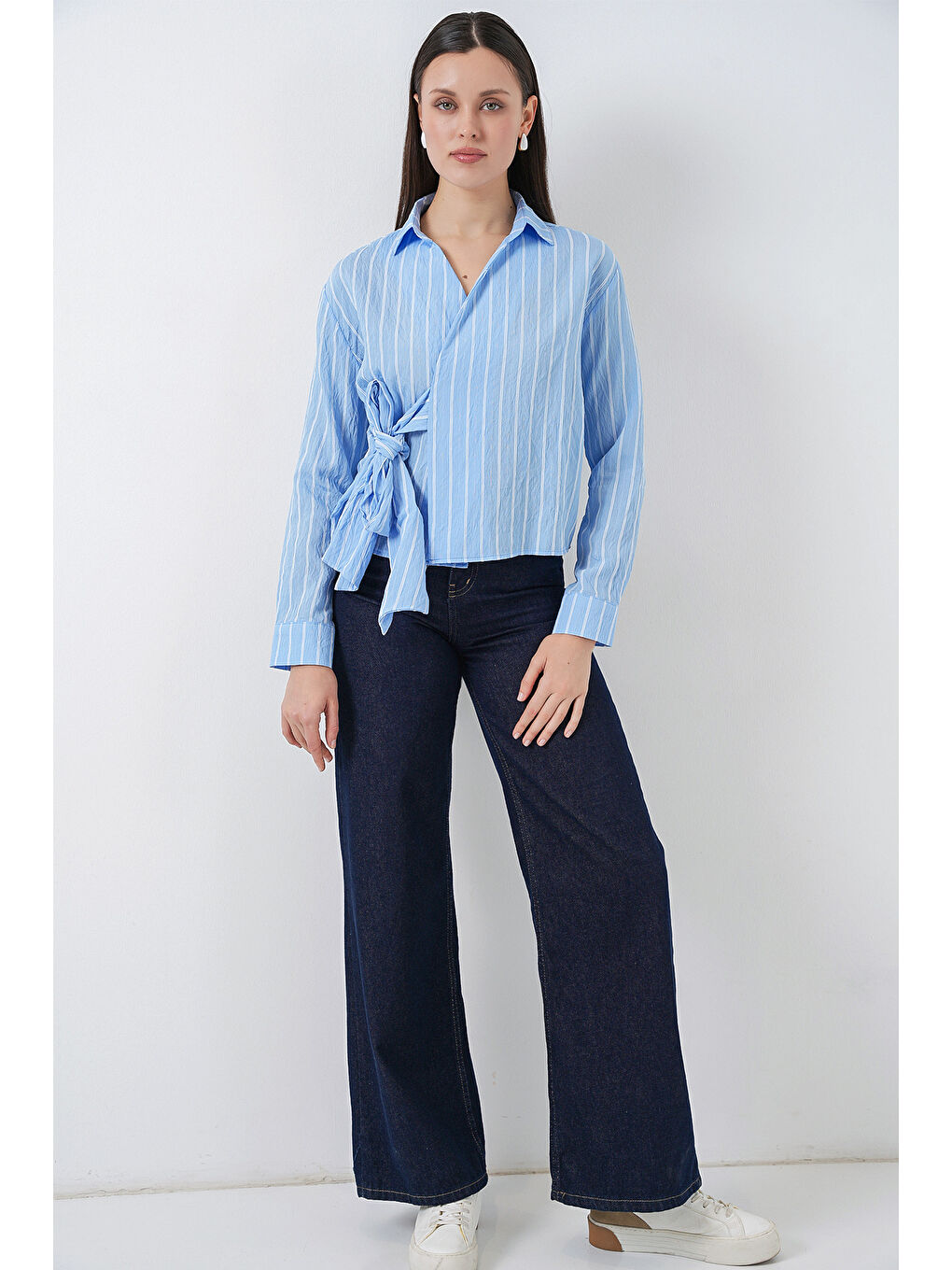 Kadın Önü Bağlamalı Çizgili Gömlek 20362 - Mavi-1