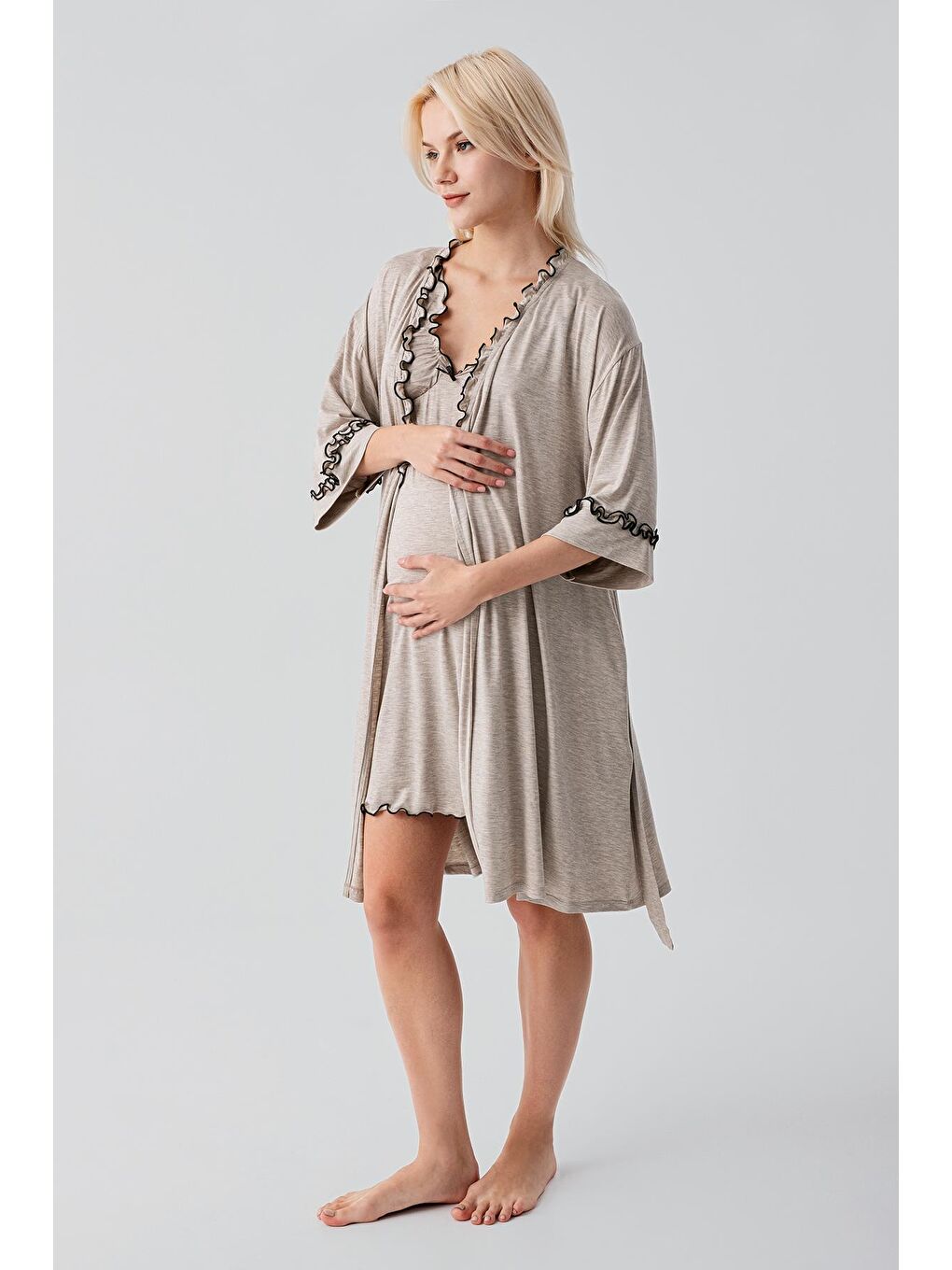 Bej Askılı Kısa Esnek Viskoz Hamile Sabahlık Gecelik Takım 19400