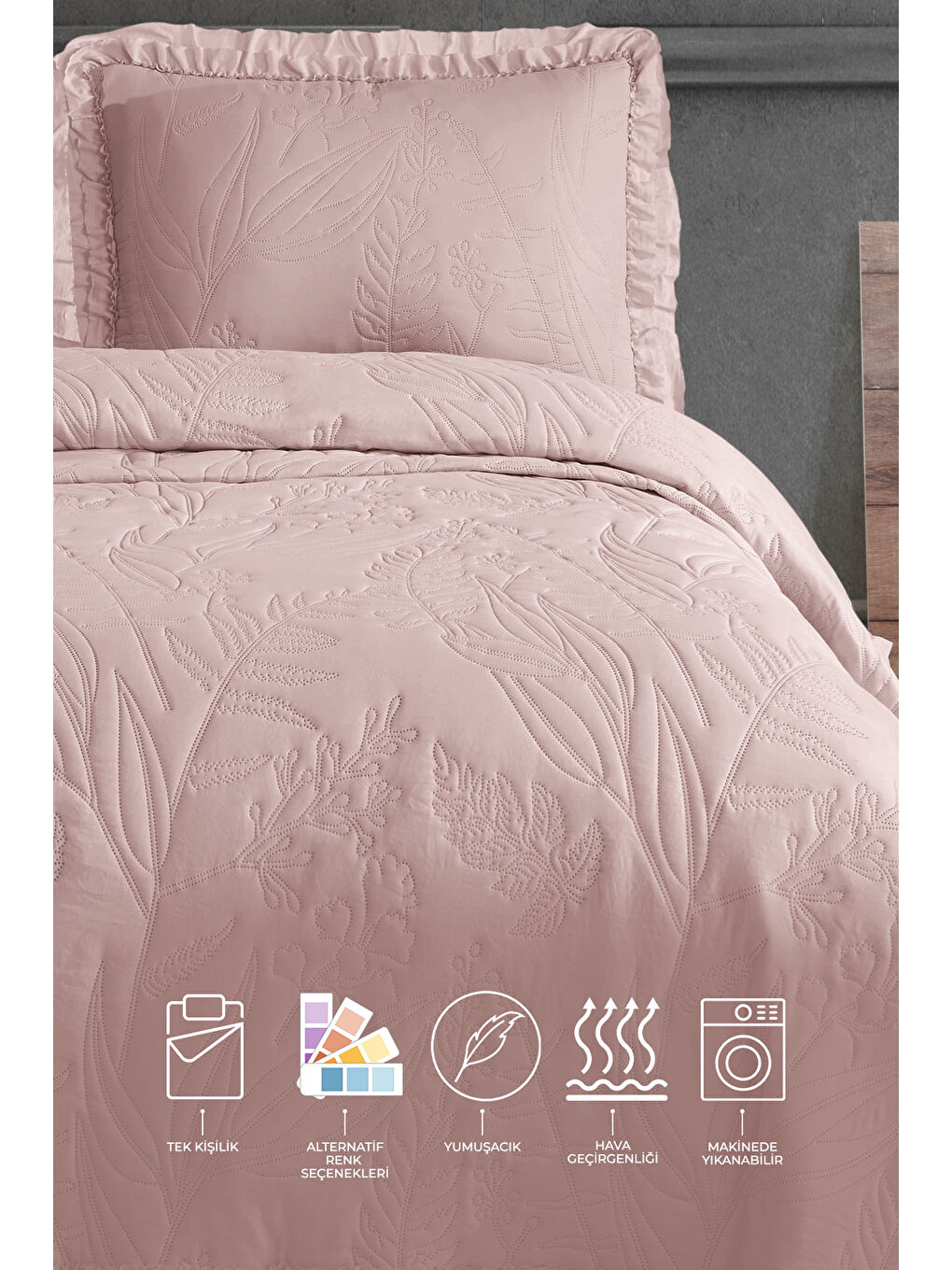 Pembe Veronika Tek Kişilik Yatak Örtüsü Seti (180x240 cm) Pudra-1