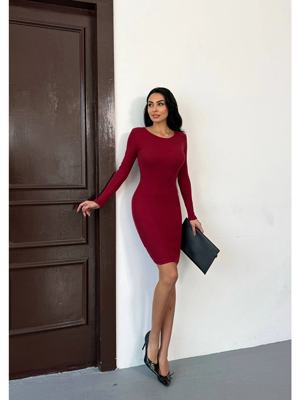 Kadın Bordo Uzun Kollu İp Bağlamalı Sırt Dekolteli Kaşkorse Mini Elbise HZL25W-FRY120411-2