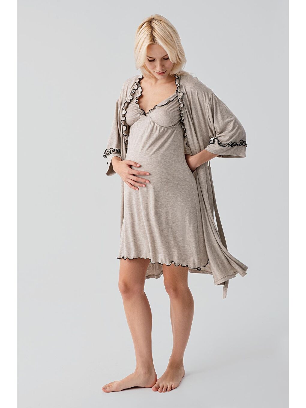 Bej Askılı Kısa Esnek Viskoz Hamile Sabahlık Gecelik Takım 19400-1
