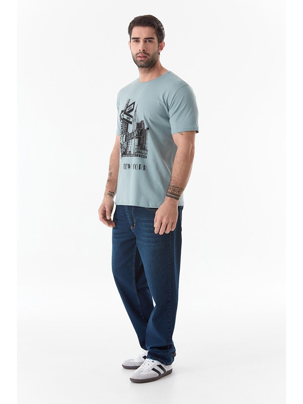 Turkuaz Baskılı Bisiklet Yaka Tişört-3