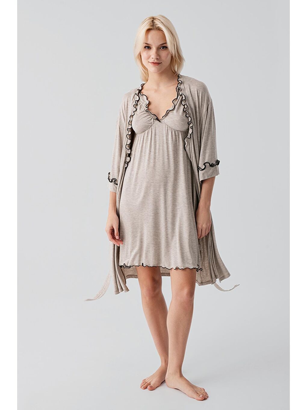 Bej Askılı Kısa Esnek Viskoz Hamile Sabahlık Gecelik Takım 19400-2