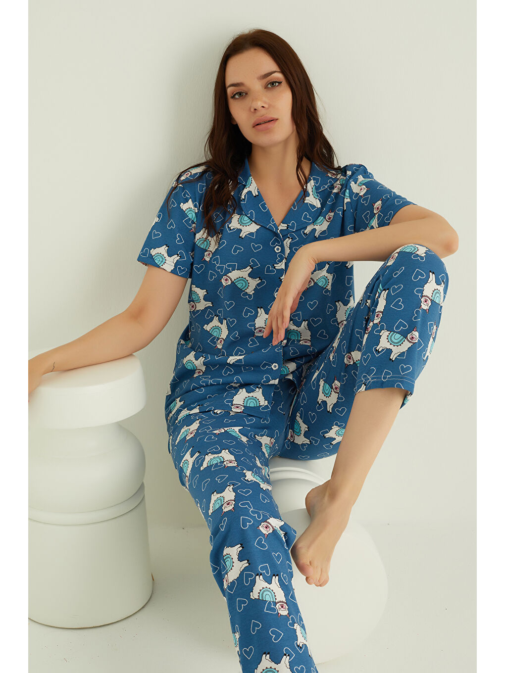 Mavi Pamuklu Düğmeli Pijama Takım 451-22 Kısakol