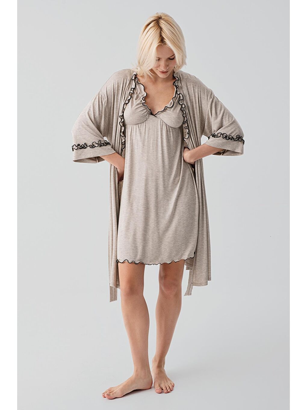 Bej Askılı Kısa Esnek Viskoz Hamile Sabahlık Gecelik Takım 19400-3