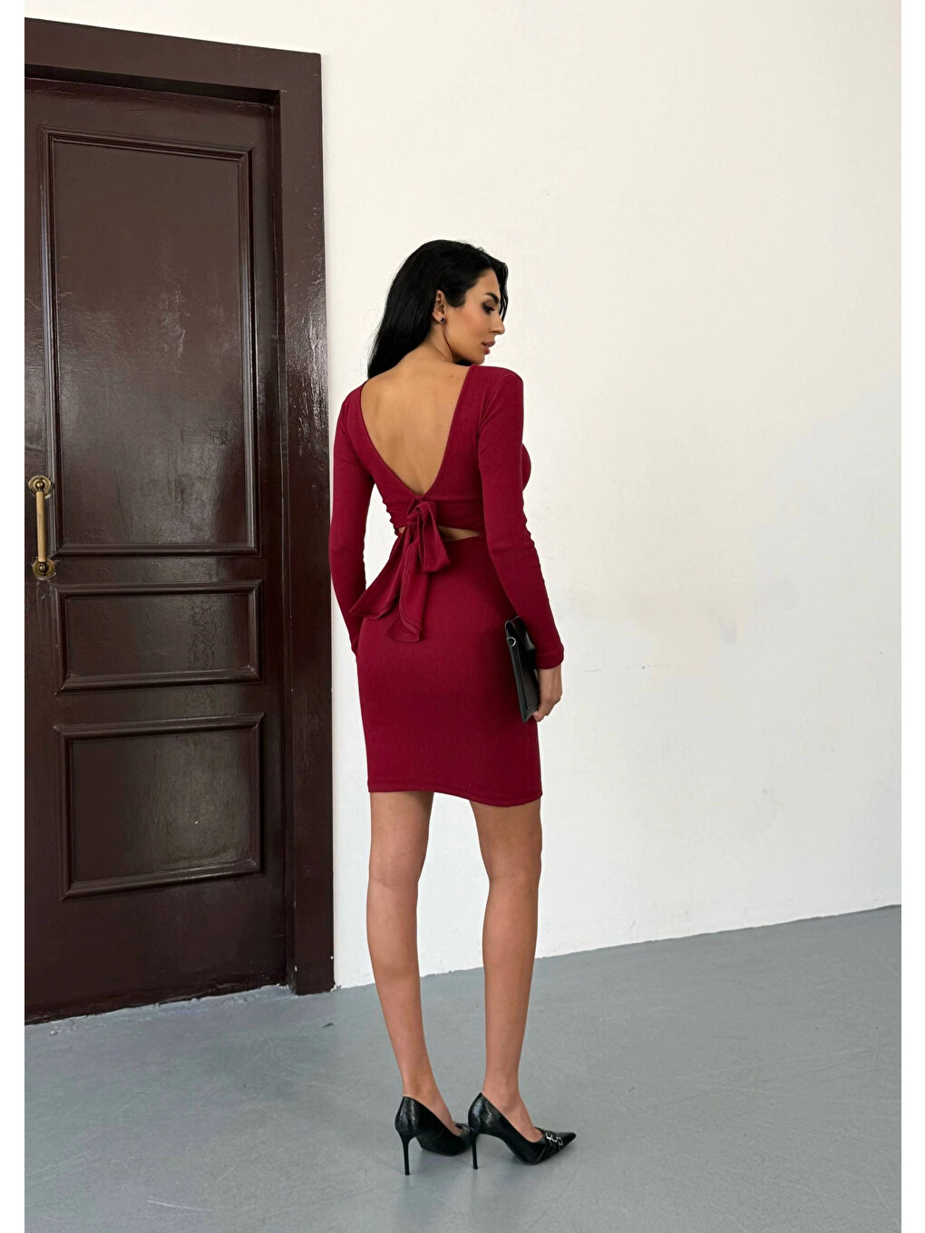 Kadın Bordo Uzun Kollu İp Bağlamalı Sırt Dekolteli Kaşkorse Mini Elbise HZL25W-FRY120411-3