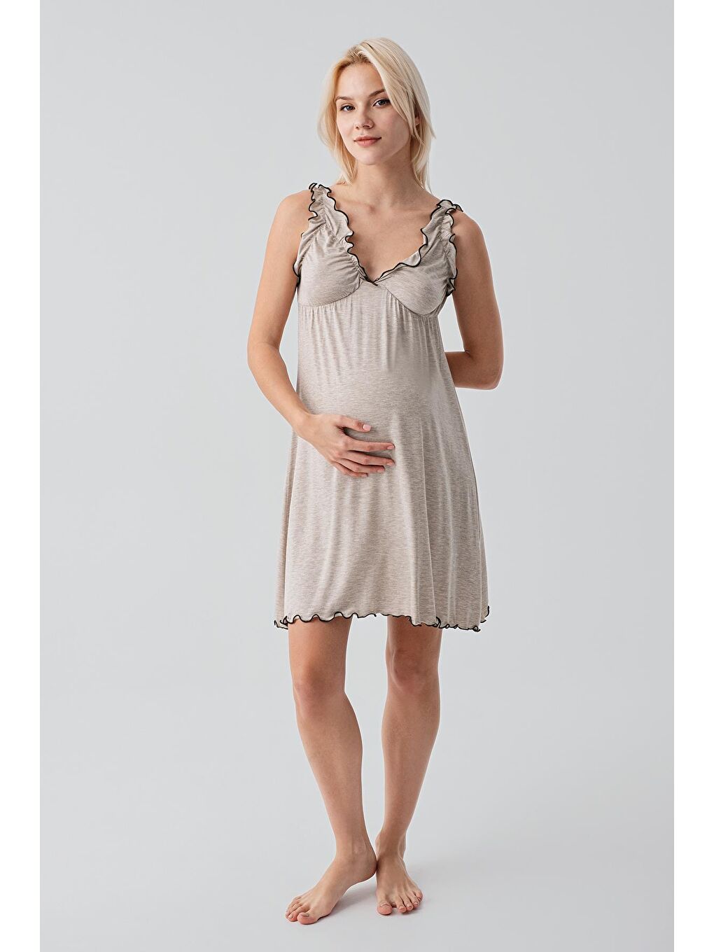 Bej Askılı Kısa Esnek Viskoz Hamile Sabahlık Gecelik Takım 19400-4