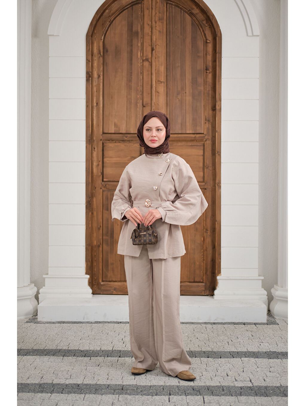 Ekru Kadın Gold Kemerli Düğme Detay Takım Krem-4