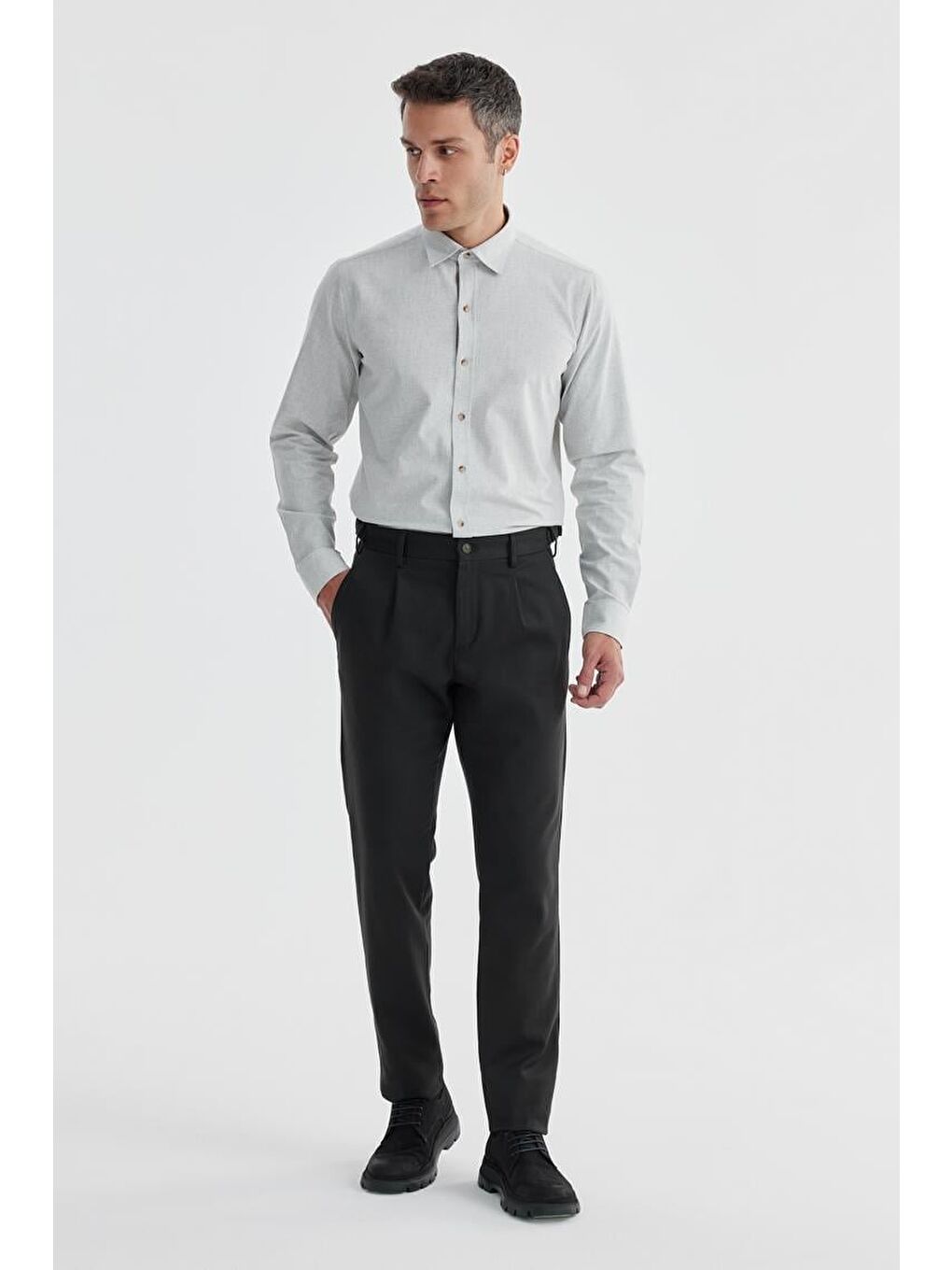 Siyah Comfort Fit Çift Pileli Beli Tokalı Pamuklu Kanvas Pantolon-1