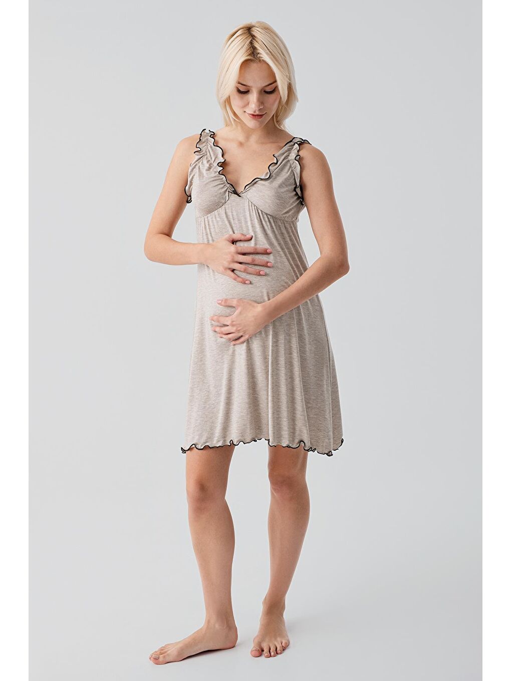 Bej Askılı Kısa Esnek Viskoz Hamile Sabahlık Gecelik Takım 19400-5