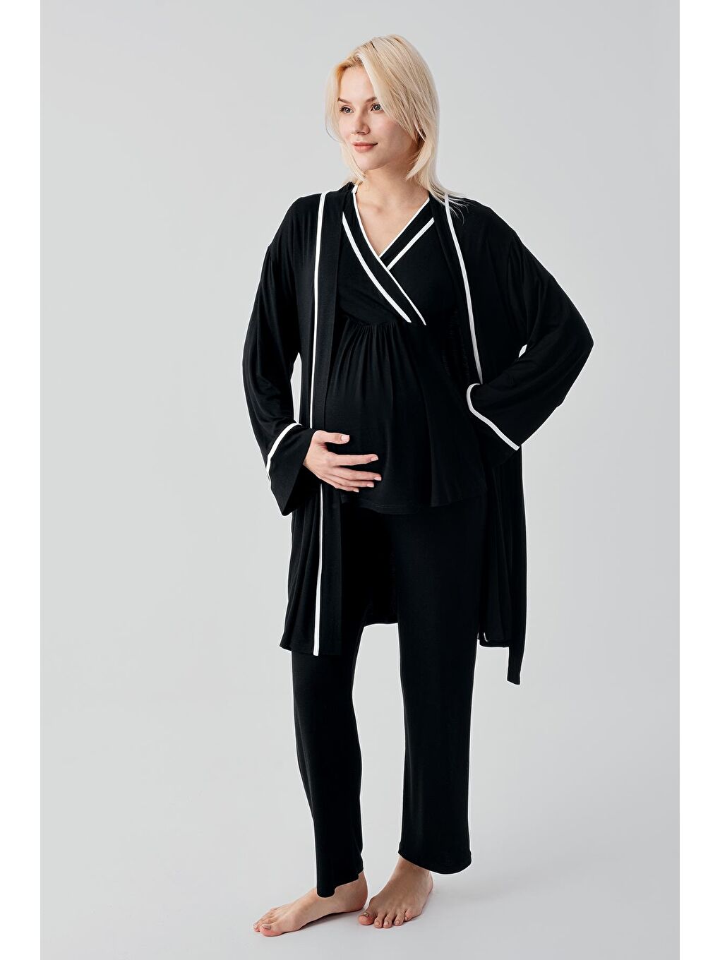 Siyah Kısa Kollu Emzirme Bölmeli Ayarlanabilir Bel Esnek Elastanlı Viskoz Soft Hamile Pijama Takım 19317-4