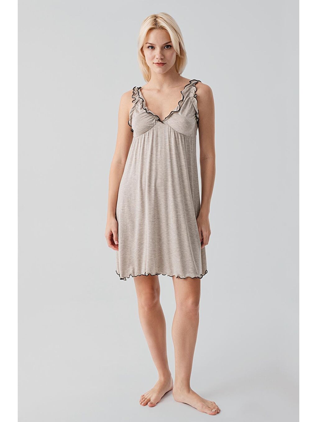 Bej Askılı Kısa Esnek Viskoz Hamile Sabahlık Gecelik Takım 19400-6