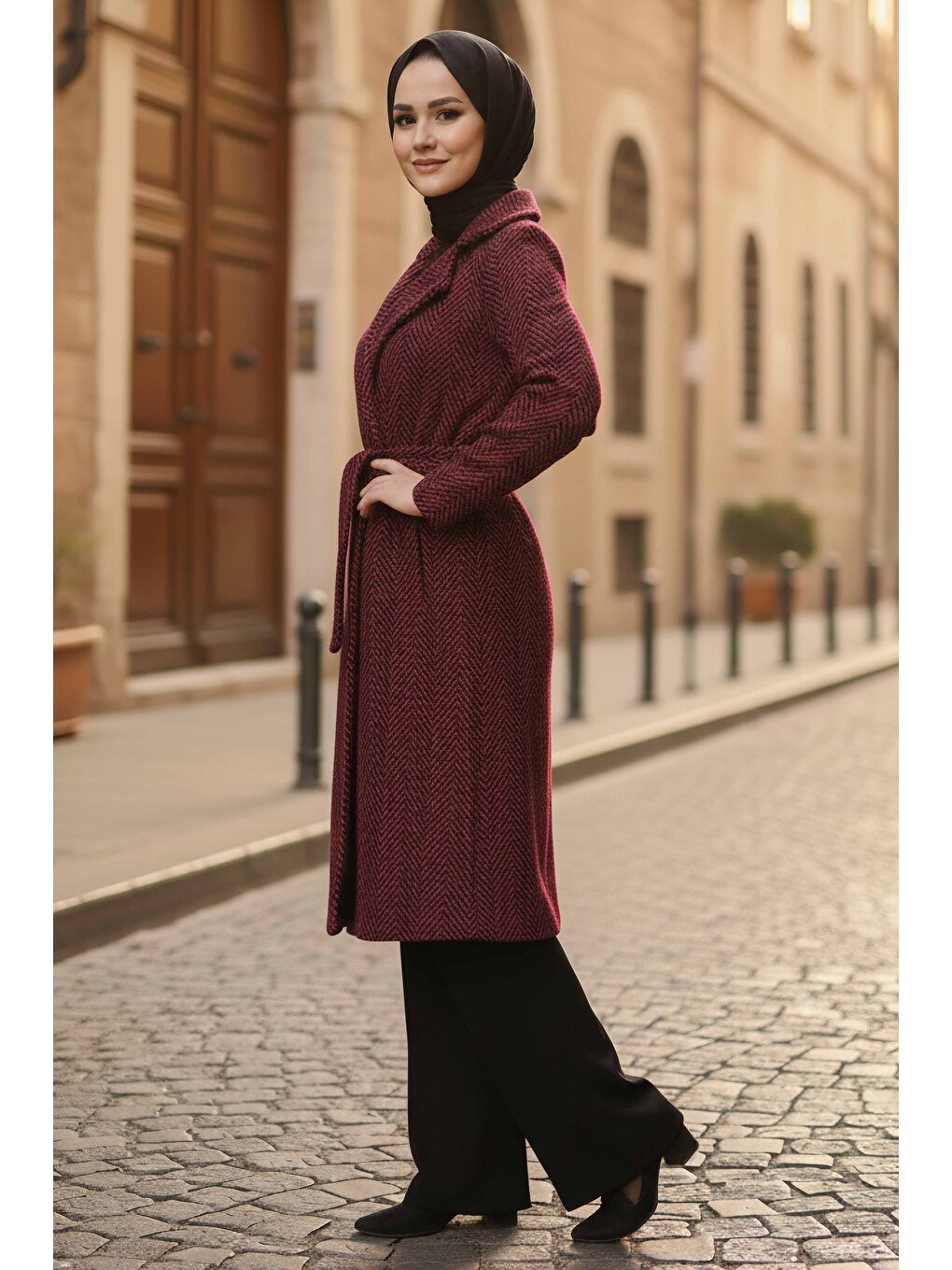 Kırmızı Desenli Kuşaklı Kaşe Kaban Kirmizi - 28095-KIRMIZI