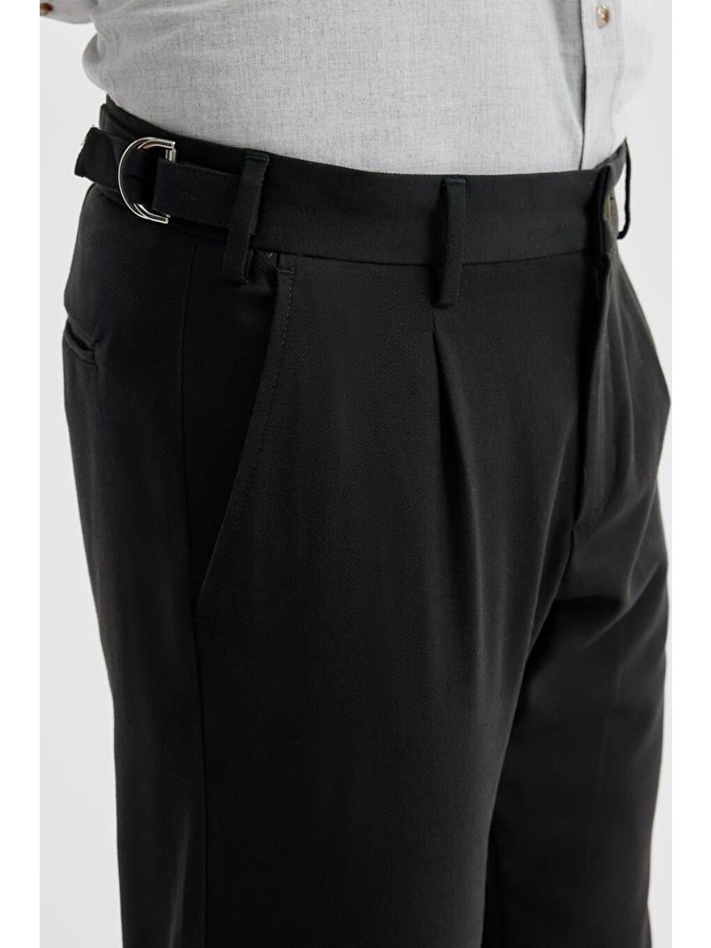 Siyah Comfort Fit Çift Pileli Beli Tokalı Pamuklu Kanvas Pantolon-2