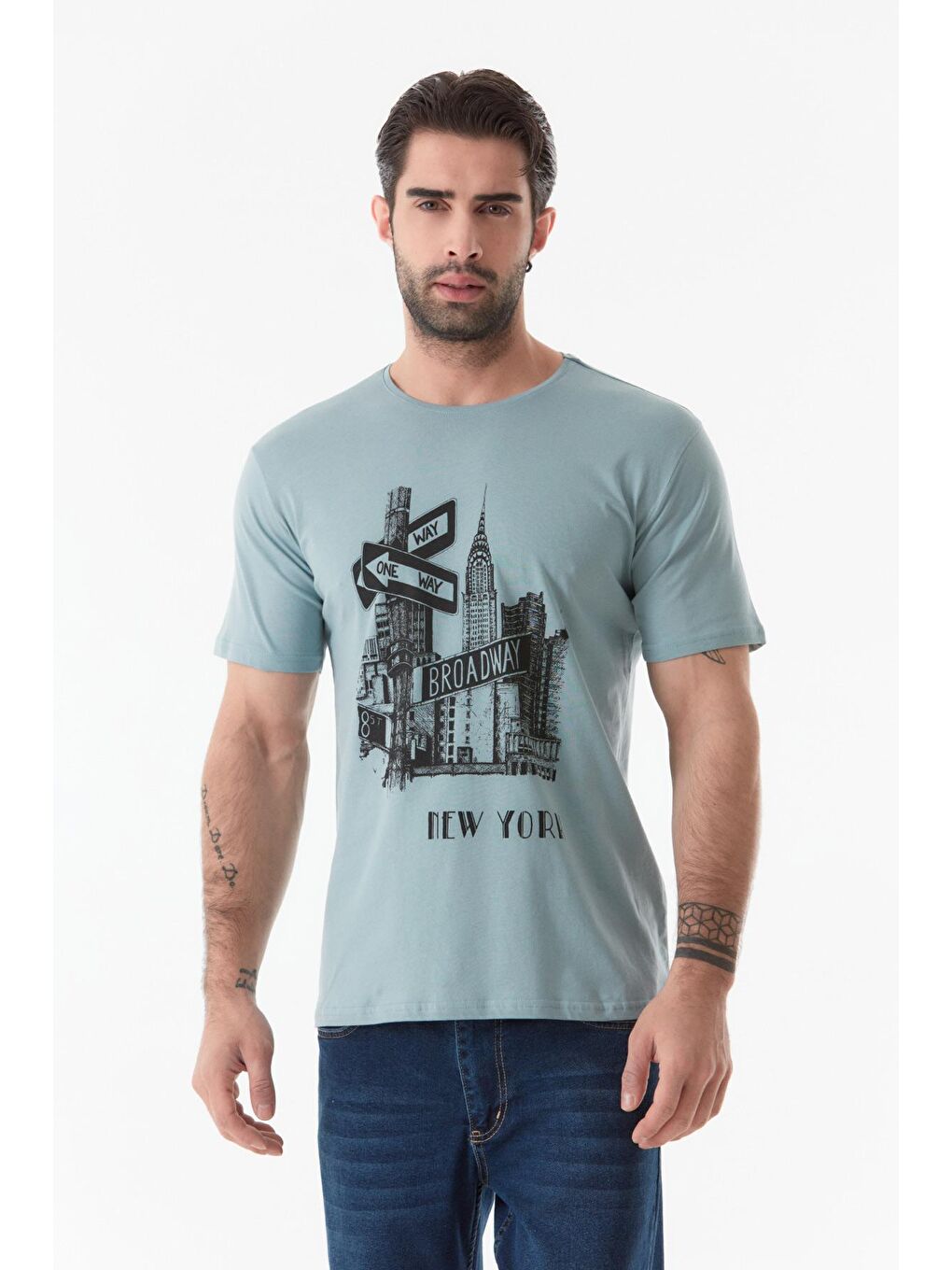 Turkuaz Baskılı Bisiklet Yaka Tişört-4