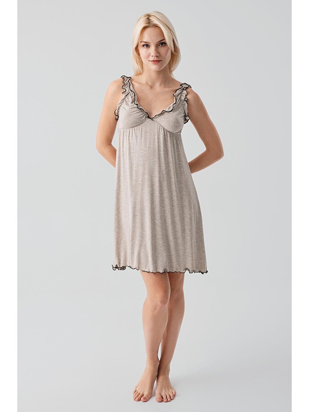 Bej Askılı Kısa Esnek Viskoz Hamile Sabahlık Gecelik Takım 19400-7