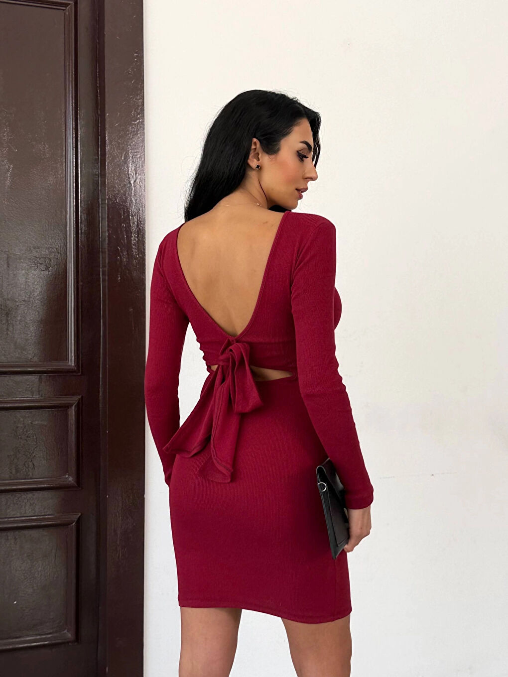 Kadın Bordo Uzun Kollu İp Bağlamalı Sırt Dekolteli Kaşkorse Mini Elbise HZL25W-FRY120411-4