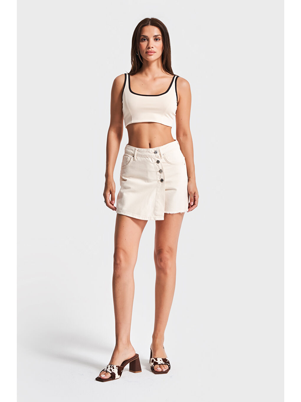 Bej Kadın Raw Renk 7s5-69 Midi Boy Önü Düğmeli %100 Pamuk Denim Şort Etek-2