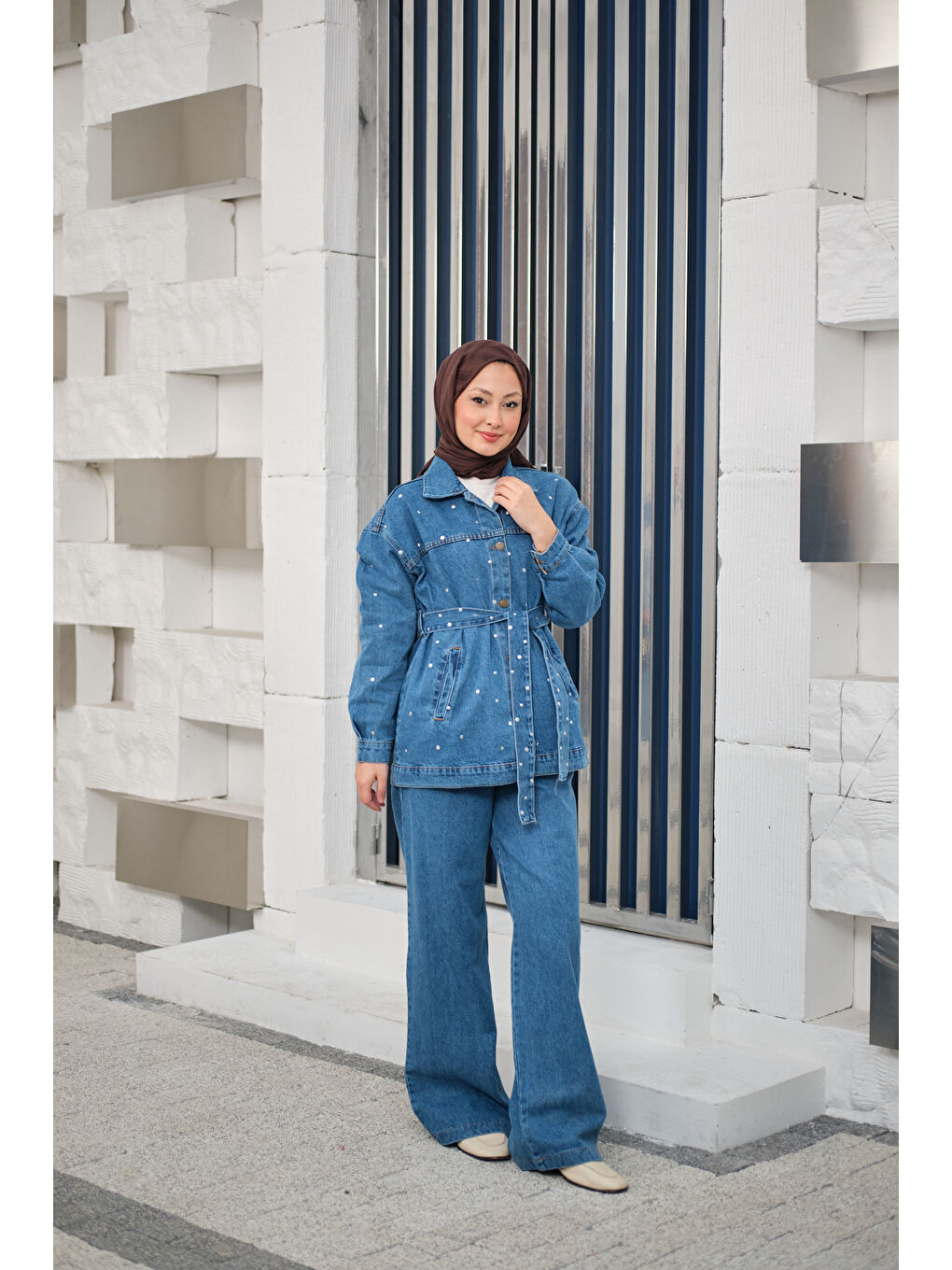 Kadın Taş Detaylı Jean Takım Buz Mavi-1