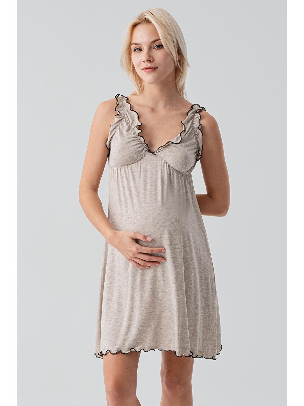 Bej Askılı Kısa Esnek Viskoz Hamile Sabahlık Gecelik Takım 19400-8