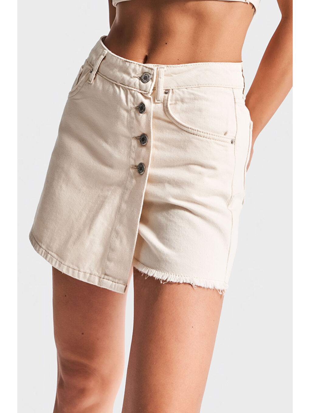 Bej Kadın Raw Renk 7s5-69 Midi Boy Önü Düğmeli %100 Pamuk Denim Şort Etek-3