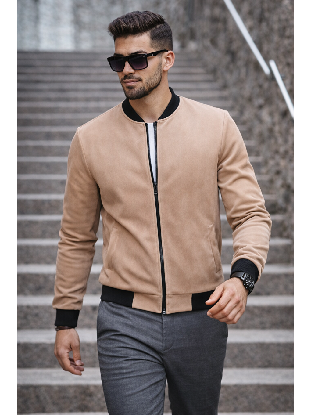 Kahverengi Erkek Basic Dar Kalıp Kahve Nubuk Ceket-1