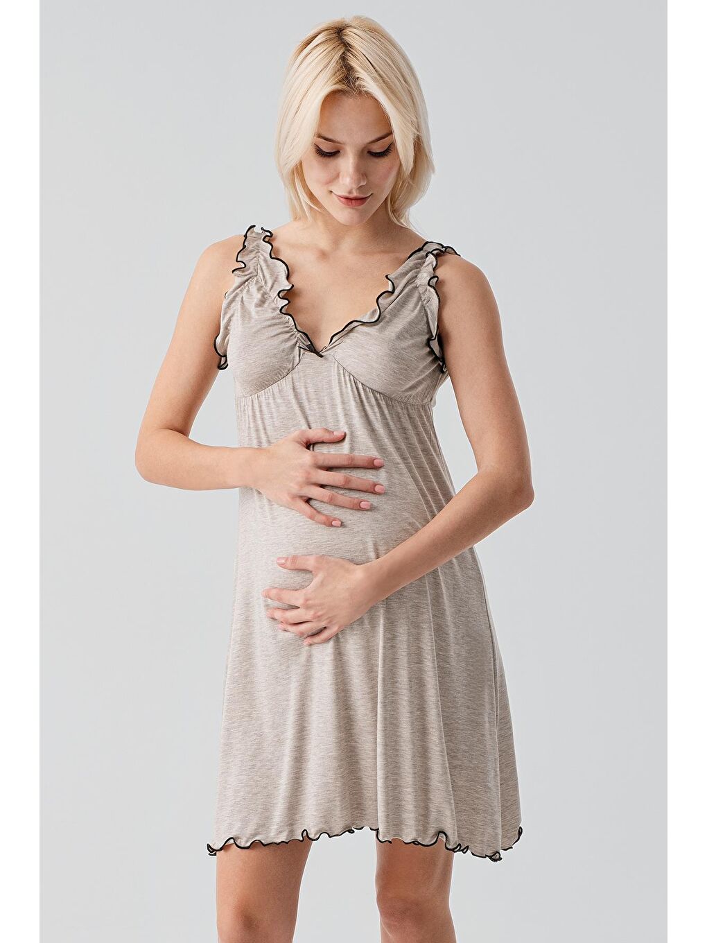 Bej Askılı Kısa Esnek Viskoz Hamile Sabahlık Gecelik Takım 19400-9